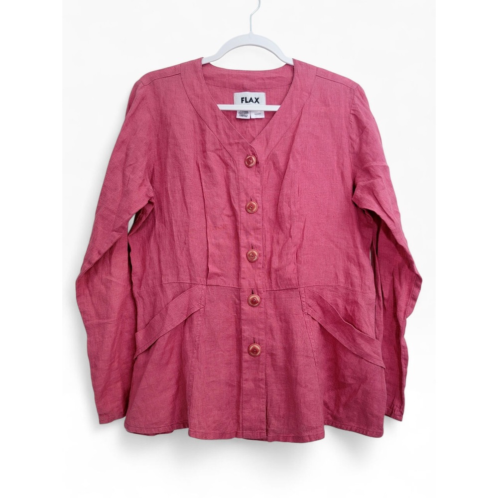 FLAX 100% Linen Pink Button Front Shirt Blouse V-Neck Long Sleeve w Pocket Small
